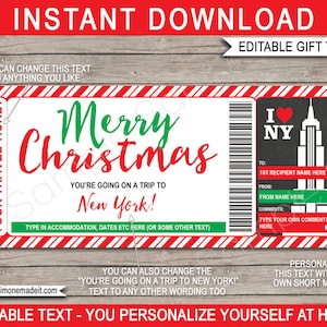Modelo de bilhete de viagem para Nova York - Presente de Natal - Voucher de viagem para impressão - Revelação surpresa de viagem em Nova York - DOWNLOAD INSTANTÂNEO - Texto editável