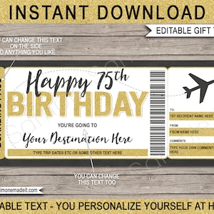75th Birthday Boarding Pass Template - Surprise Trip Gift - Fake Plane Ticket Coupon - Airplane Flight Destination - EDITABLE TEXT DOWNLOAD