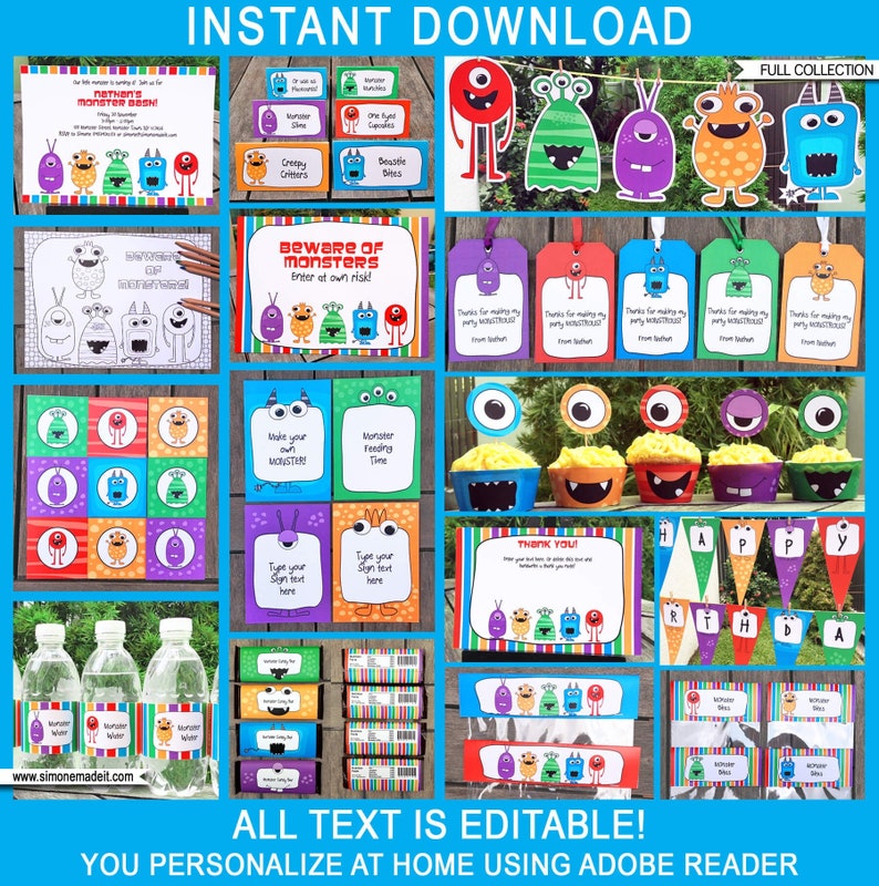 Monster Theme Party Decorations & Invitation Template Bundle Printable Monster Bash Birthday DIY EDITABLE TEXT image 1