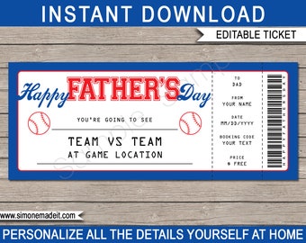 Fathers Day Baseball Ticket Template - Printable Surprise Game Gift Voucher for Dad - DIY EDITABLE TEXT