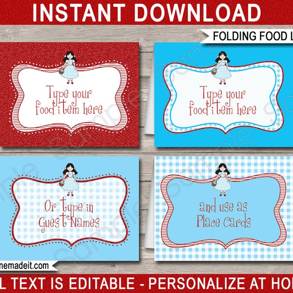 Wizard of Oz Food Labels Template - Printable Birthday Party Decorations - Folding Buffet Tags - INSTANT DOWNLOAD with EDITABLE text
