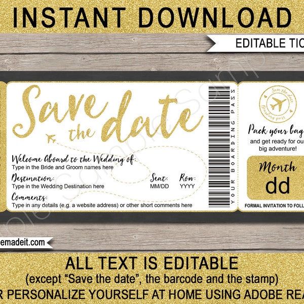 Save the Date Boarding Pass Printable Template Gold - Destination Wedding - Fake Airline Plane Ticket - INSTANT DOWNLOAD - EDITABLE text