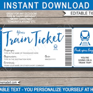 Editable Train Ticket Fake Boarding Pass Gift Printable Template - Surprise Train Trip - Blue Destination Coupon - EDITABLE INSTANT DOWNLOAD