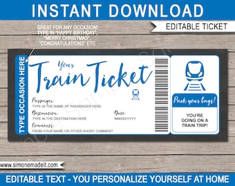 Editable Train Ticket Fake Boarding Pass Gift Printable Template - Surprise Train Trip - Blue Destination Coupon - EDITABLE INSTANT DOWNLOAD