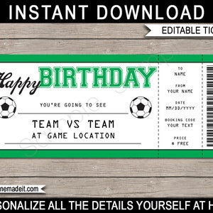 Soccer Game Ticket Birthday Gift - Surprise Ticket to a Soccer Game - Printable template - Gift Voucher Card Coupon - EDITABLE TEXT DOWNLOAD