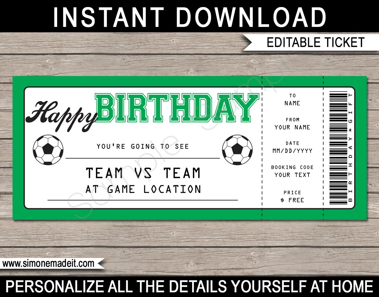 Soccer Game Ticket Birthday Gift - Surprise Ticket to a Soccer Game - Printable template - Gift Voucher Card Coupon - EDITABLE TEXT DOWNLOAD