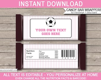 Girls Soccer Party Candy Bar Wrappers: Editable Text (Instant Download)