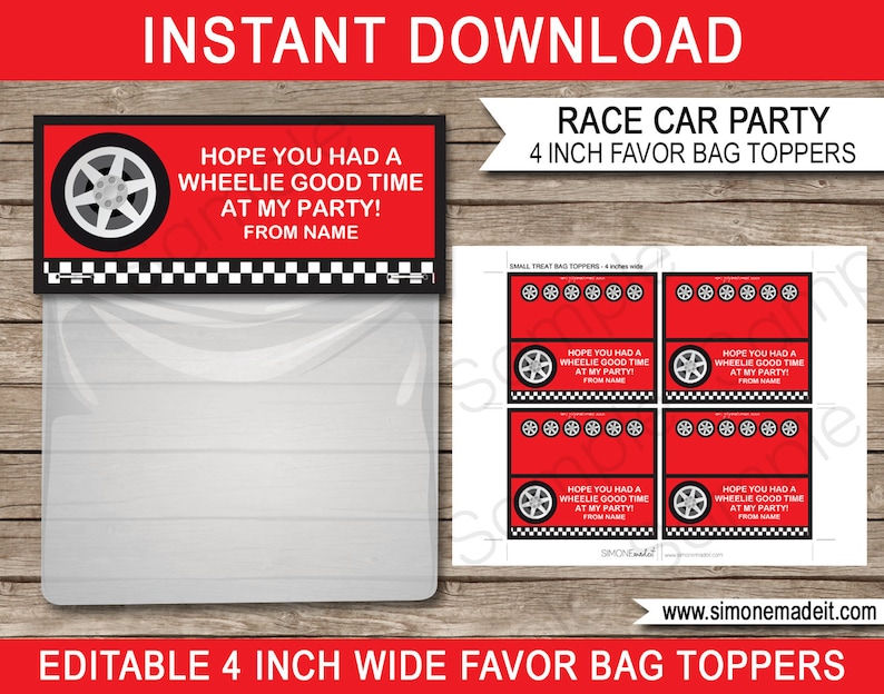 Race Car Favor Bag Toppers - Birthday Party Decorations - Racing Car Theme Printable Template - INSTANT DOWNLOAD - EDITABLE Text