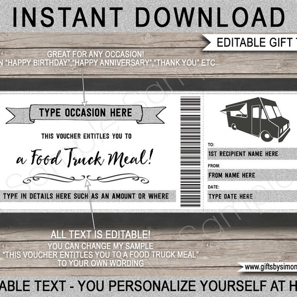 Food Truck Gift Certificate Card Voucher Template - Work Staff Teacher Dinner, Meal Out, Dining, Food Delivery Ticket - EDITABLE TEXT