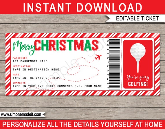 Surprise Golf Trip Boarding Pass Christmas Gift Printable Ticket - Golfing Holiday Vacation Getaway - INSTANT DOWNLOAD with EDITABLE text Il_570xn