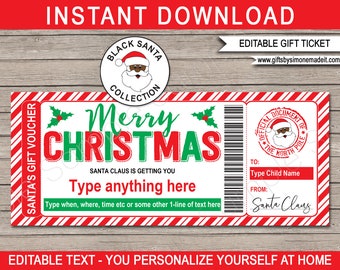 Black Santa Gift Card Template for Kids - Printable Christmas Gift Voucher Certificate Coupon IOU - INSTANT DOWNLOAD - Editable Names