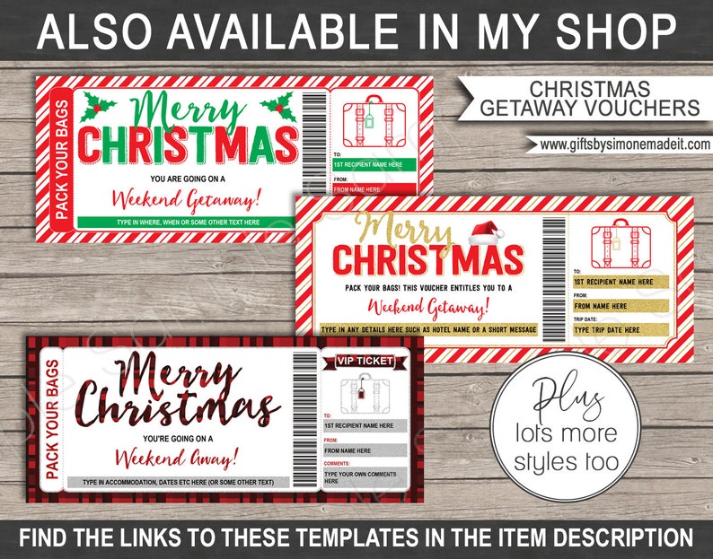 May include: Three printable Christmas getaway voucher templates with red and white striped backgrounds. The text on the vouchers reads "Merry Christmas" and "Pack Your Bags".