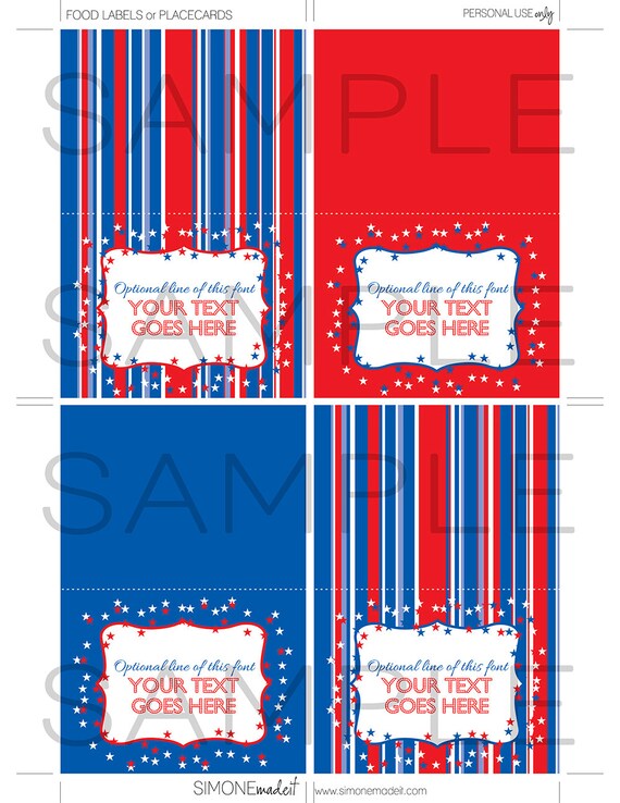 4th of July Food Labels Template - Printable July Fourth Theme Party Decorations - Place Cards - DIY EDITABLE TEXT