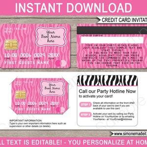 Pu&ograve; includere: Invito a carta di credito a strisce zebrate rosa e nere con testo modificabile. La carta ha uno sfondo rosa con strisce nere e dice "Chiama la nostra hotline di festa ora per attivare la tua carta!" e include istruzioni su come attivare la carta. Il testo "TUTTO IL TESTO &Egrave; MODIFICABILE! - PERSONALIZZA A CASA" &egrave; nella parte inferiore dell'immagine.