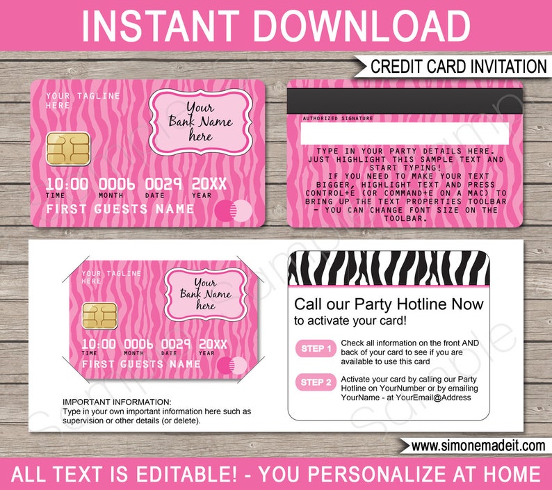 Pu&ograve; includere: Invito a carta di credito a strisce zebrate rosa e nere con testo modificabile. La carta ha uno sfondo rosa con strisce nere e dice "Chiama la nostra hotline di festa ora per attivare la tua carta!" e include istruzioni su come attivare la carta. Il testo "TUTTO IL TESTO &Egrave; MODIFICABILE! - PERSONALIZZA A CASA" &egrave; nella parte inferiore dell'immagine.