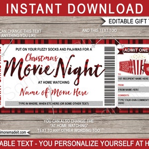 Familie Weihnachten Movie Night Ticket Vorlage - Druckbare Gutschein Zertifikat - Fuzzy Socken Pyjamas Popcorn Hot Cocoa - EDITIERBARER Text