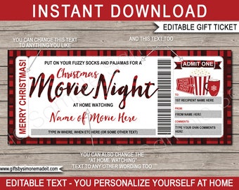 Family Christmas Movie Night Ticket Template - Printable Voucher Certificate - Fuzzy Socks Pajamas Popcorn Hot Cocoa - EDITABLE text
