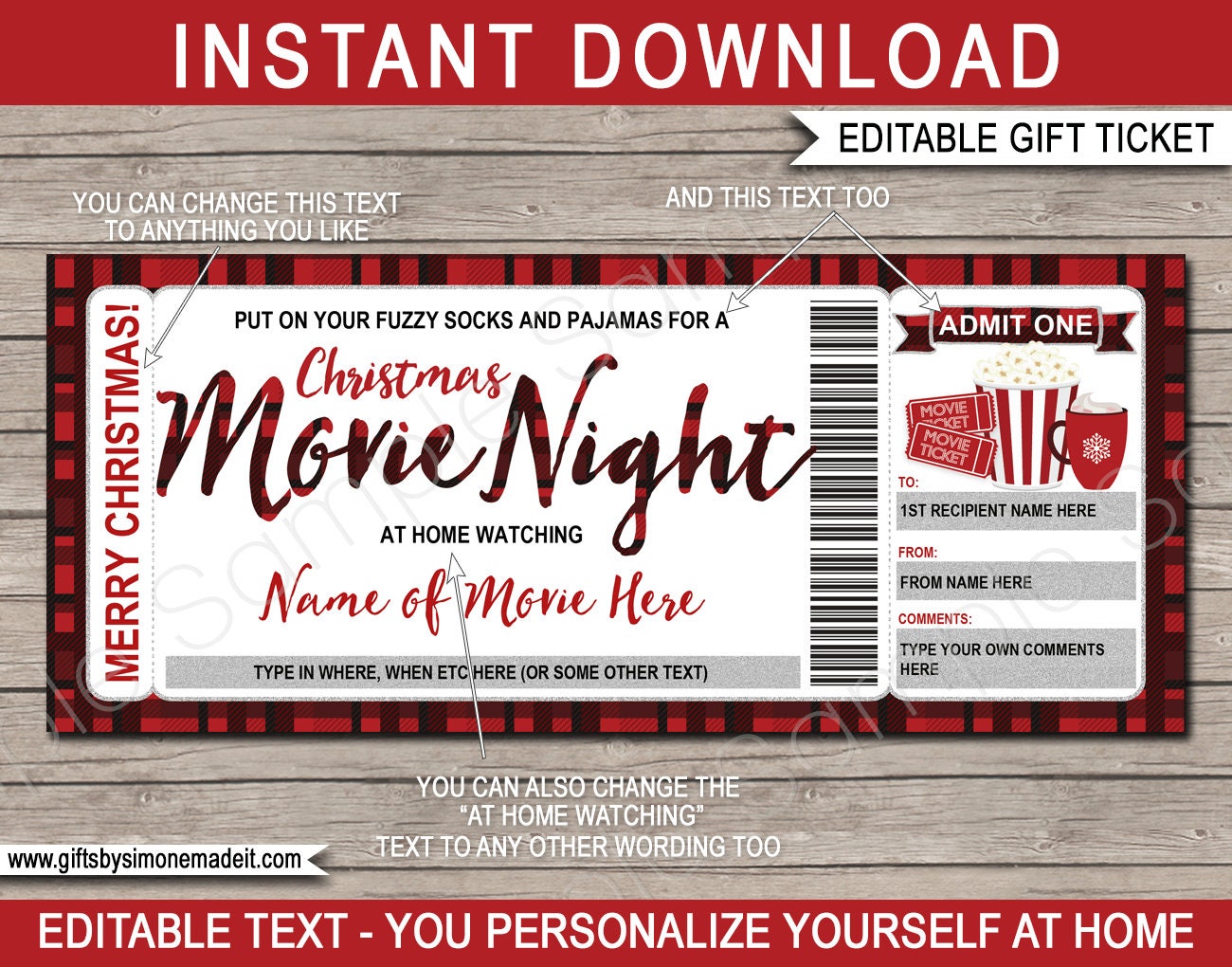 Family Christmas Movie Night Ticket Template Printable Etsy España