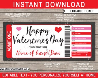 Printable Valentines Day Concert Ticket Gift Voucher Certificate - Surprise Concert Show Performance Artist - INSTANT DOWNLOAD text EDITABLE