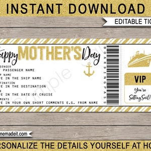 Mothers Day Cruise Boarding Pass Gift Ticket - Surprise Cruise, Holiday - Printable Gift Voucher - INSTANT DOWNLOAD with EDITABLE text