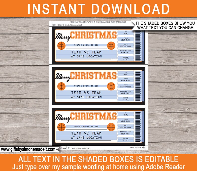 K&ouml;nnte beinhalten: Drei druckbare Weihnachts-Ticketvorlagen mit einer Basketballgrafik. Die Tickets sind schwarz und blau mit wei&szlig;em Text. Der Text auf den Tickets lautet "Frohe Weihnachten" und "Sie werden [Team] gegen [Team] in [Spielort] sehen". Der Text in den Feldern ist editierbar.