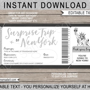 Modèle imprimable de billet d'avion pour New York - carte d'embarquement - révélation surprise du voyage à New York - vol en avion - téléchargement immédiat avec texte modifiable