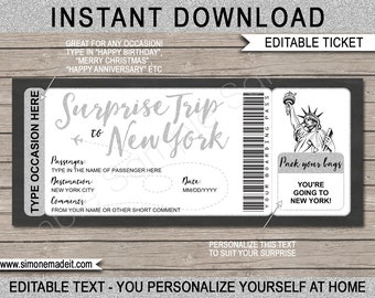 May include: A digital download ticket design for a surprise trip to New York. The ticket features editable text fields for the passenger's name, destination, and date. Includes a graphic of the Statue of Liberty and the words "Pack your bags, you're going to New York!"