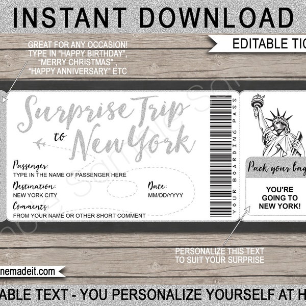 Printable New York Plane Ticket Template Boarding Pass - Surprise NYC Trip Reveal - Airplane Flight - INSTANT DOWNLOAD with editable text