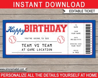 Baseball Game Ticket Birthday Gift - Surprise Ticket to a Baseball Game - Printable template - Gift Voucher Coupon - EDITABLE TEXT DOWNLOAD