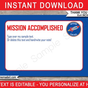 Space Party Thank You Cards Template - Printable Birthday Party Favor Notes - Space Mission Accomplished - 4x6 inch - EDITABLE TEXT DOWNLOAD