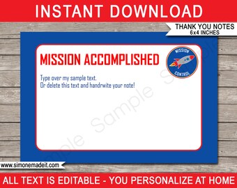 Space Party Thank You Cards - Mission Accomplished - Space Mission - Printable - Birthday Party - 4x6 - INSTANT DOWNLOAD - EDITABLE text