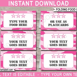 Pink Camo Food Labels Template - Printable Army Birthday Party Decorations - Place Card - INSTANT DOWNLOAD - EDITABLE text