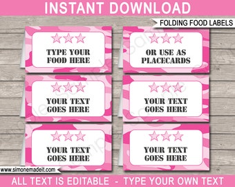 Pink Camo Food Labels Template - Printable Army Birthday Party Decorations - Place Card - INSTANT DOWNLOAD - EDITABLE text