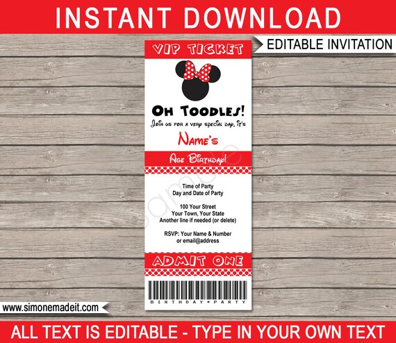 Red Minnie Mouse Party Ticket Invitation - Minnie Mouse Birthday Party Ticket Invite - INSTANT DOWNLOAD with EDITABLE text - you personalize Il_570xn