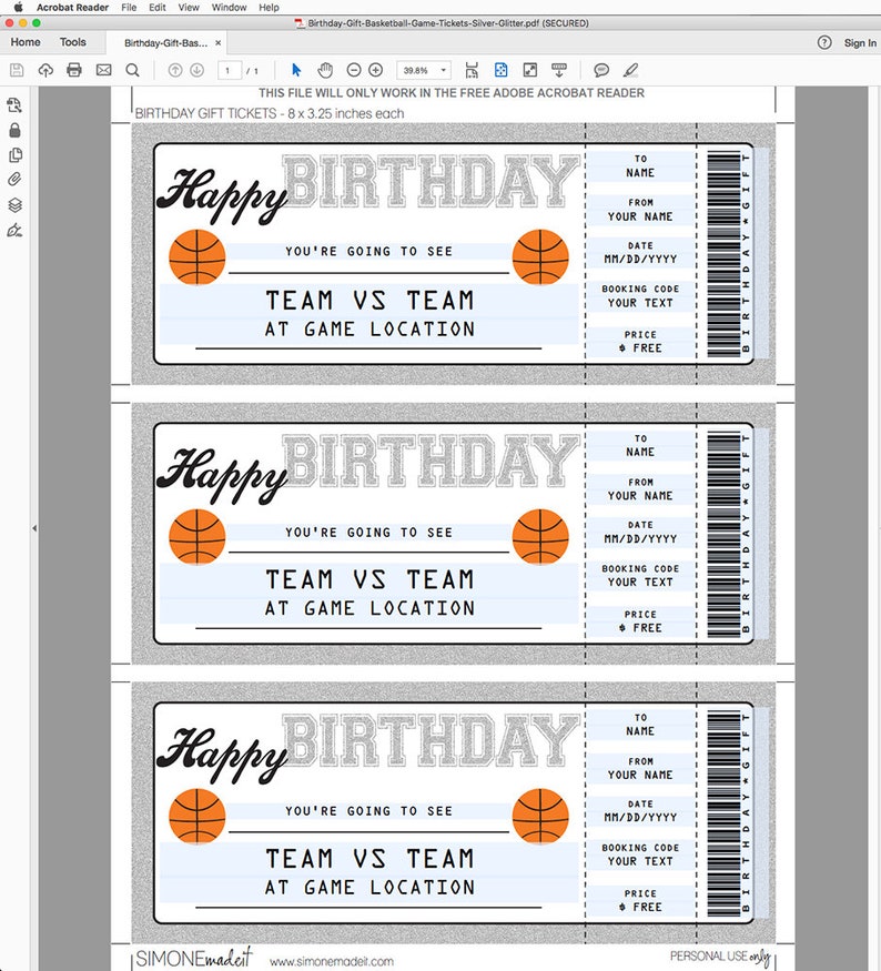 May include: Three printable basketball game ticket templates with a gray background and a blue and white striped border. The tickets say "Happy Birthday" and "You're going to see Team vs Team at Game Location".