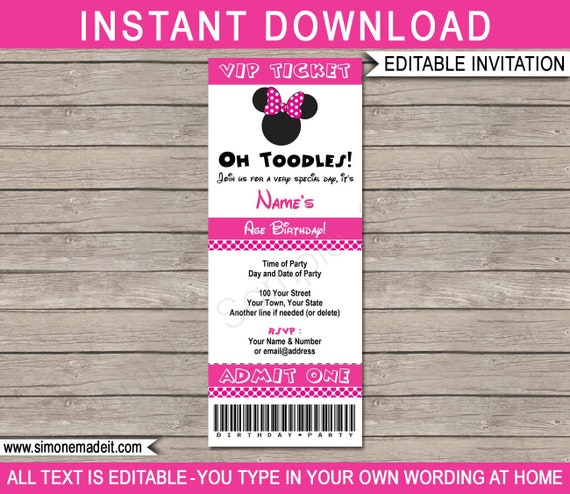 Minnie Mouse Ticket Invitation Template - Printable Birthday Party Invite - Pink Theme - EDITABLE TEXT DOWNLOAD - you personalize at home Il_570xn