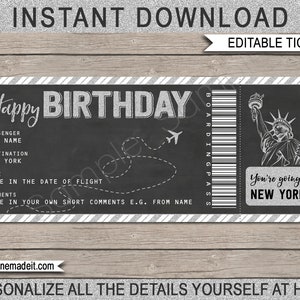 Überraschungsreise nach New York Geburtstag Bordkarte Geschenk Flugticket Coupon - Flug Kurzurlaub Urlaub offenbaren - EDITIERBARER TEXT DOWNLOAD