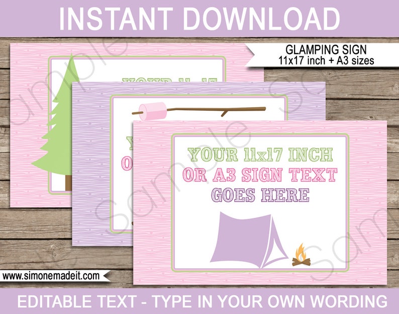 Glamping Party Templates with Invitation Printable Camping Theme Birthday Decoration Package Pack Bundle Set Collection, DIY EDITABLE TEXT image 10