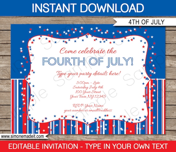 July 4th Invitation Template - July Fourth - INSTANT DOWNLOAD with EDITABLE text - you personalize at home Il_570xn