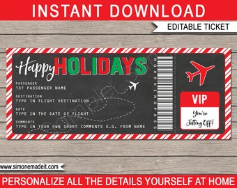 Holiday Gift Boarding Pass Ticket - Surprise Flight, Trip, Getaway, Holiday, Vacation - Voucher - INSTANT DOWNLOAD with EDITABLE text