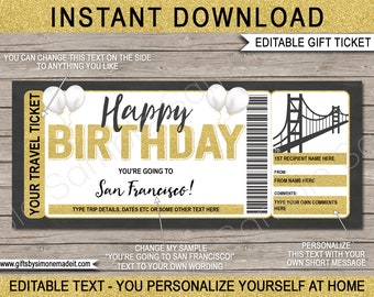 San Francisco Ticket Template Gift Voucher Certificate - Printable Birthday Trip Reveal Boarding Pass - Vacation Getaway - EDITABLE text