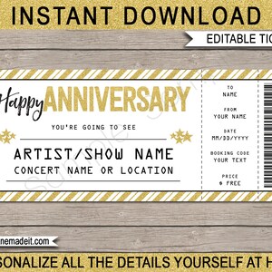 Plantilla de entrada para concierto de regalo de aniversario - Cupón de certificado de vale imprimible - Artista de banda de concierto sorpresa - DESCARGA DE TEXTO EDITABLE