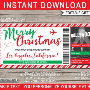 Modelo de cartão de embarque de Los Angeles - Bilhete de avião para presente de Natal para impressão - Revelação surpresa de viagem para Hollywood na Califórnia - DOWNLOAD INSTANTÂNEO