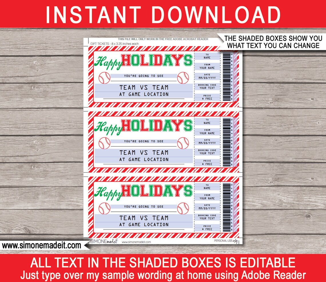 Baseball Ticket Gift Voucher Template Printable Surprise Etsy