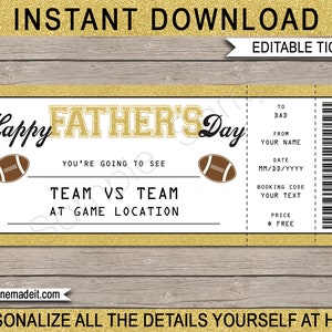 Vale de regalo del Día del Padre de entradas de fútbol - Cupón de tarjeta de certificado de entrada de partido de fútbol sorpresa imprimible para papá - DESCARGA DE TEXTO EDITABLE