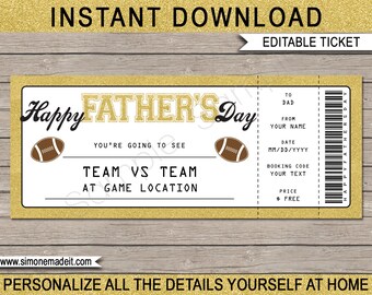 Football Ticket Father's Day Gift Voucher - Surprise Football Game Ticket Certificate Card Coupon Printable for Dad - EDITABLE TEXT DOWNLOAD