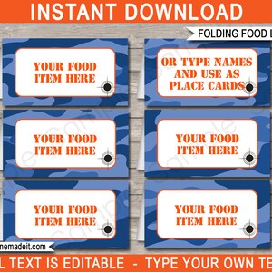 Blue Camo Food Labels: Editable Party Placecards (Instant Download)