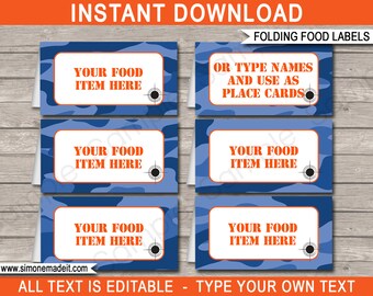 Blue Camo Food Labels - Camo Theme Party - Buffet Tags - Camo Placecards - Printable Party Decorations - INSTANT DOWNLOAD with EDITABLE text