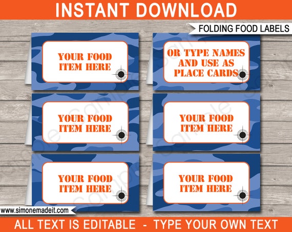 Blue Camo Food Labels Camo Theme Party Buffet Tags Camo
