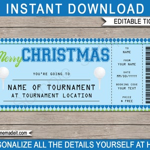 Golf Ticket Weihnachtsgeschenk - Druckbare Überraschungskarte für ein Golf Cup-Turnierspiel - INSTANT DOWNLOAD - EDITIERBARER Text